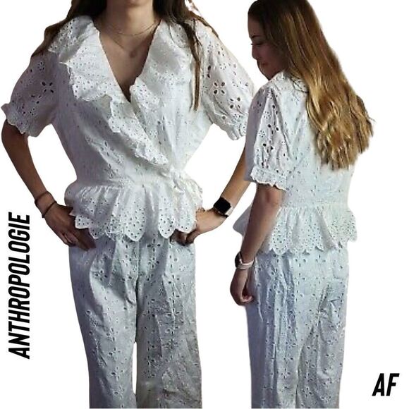 ANTHROPOLOGIE BY ERI + ALI RUFFLED EYELET JUMPSUIT IN WHITE NEW XL - Picture 1 of 11